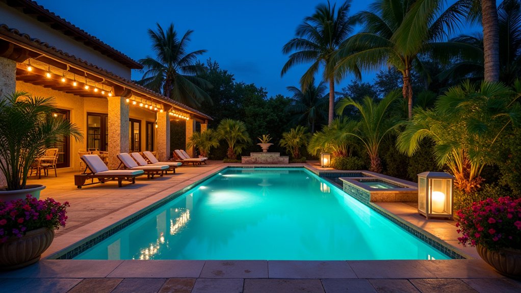 23 Creative Pool Landscaping Inspiration Ideas to Spark Your Vision serene poolside evening ambiance