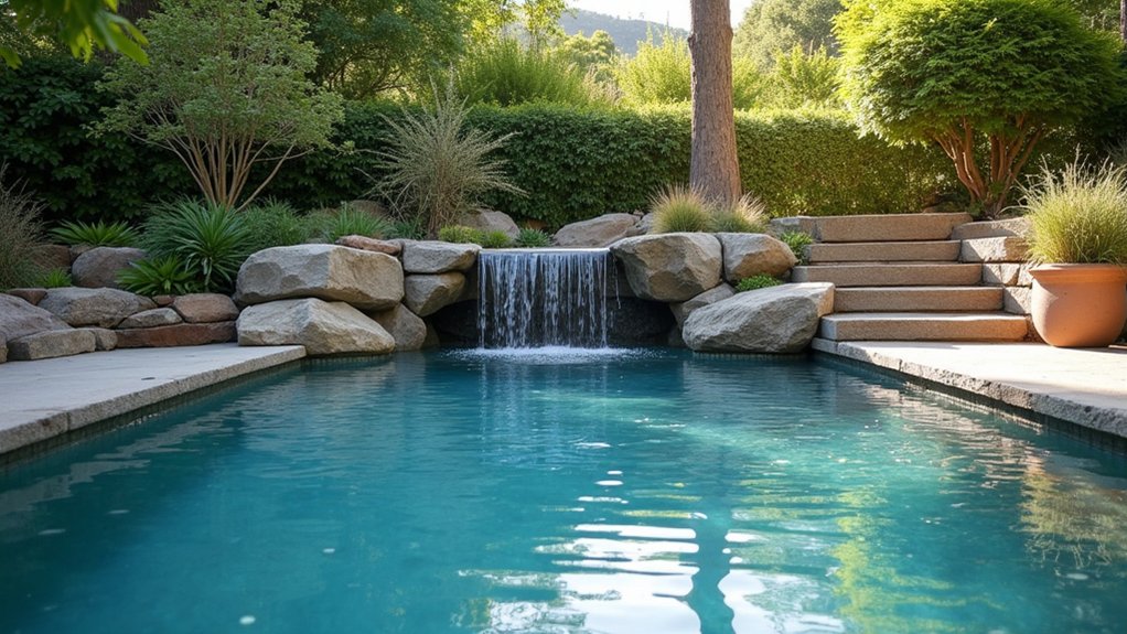 20 Effortless Low Maintenance Pool Landscaping Ideas for Easy Care serene poolside water feature