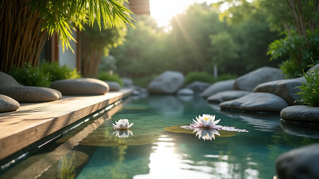 23 Serene Zen Pool Deck Ideas for a Tranquil Outdoor Retreat serene reflective pond sanctuary