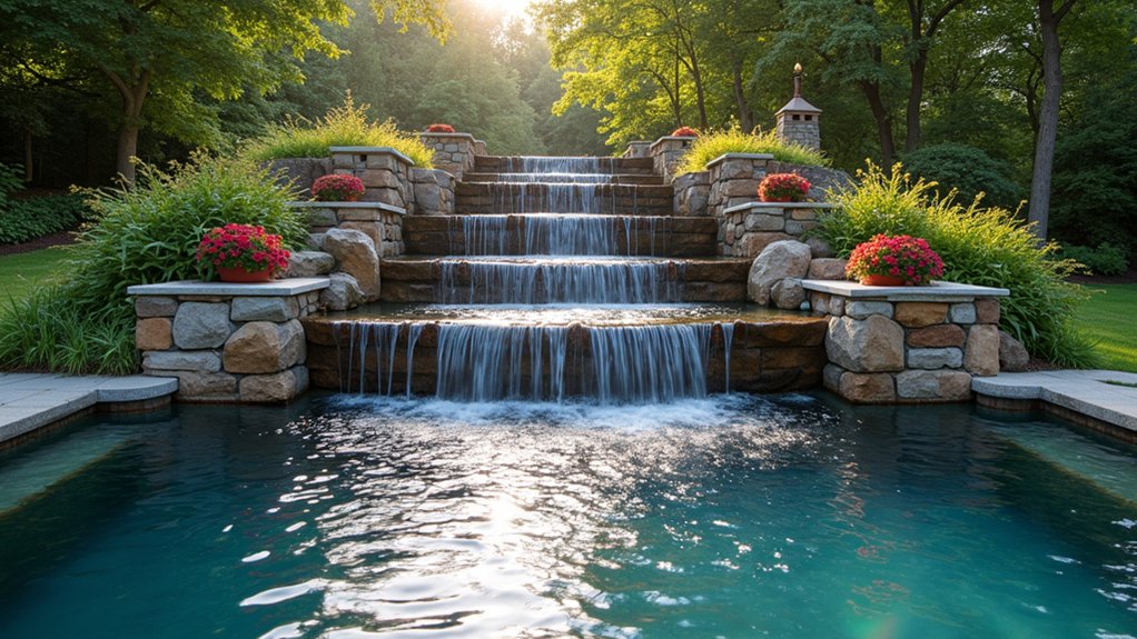 20 Pool Design Ideas With Fountain Features That Add Flair serene tiered waterfall oasis