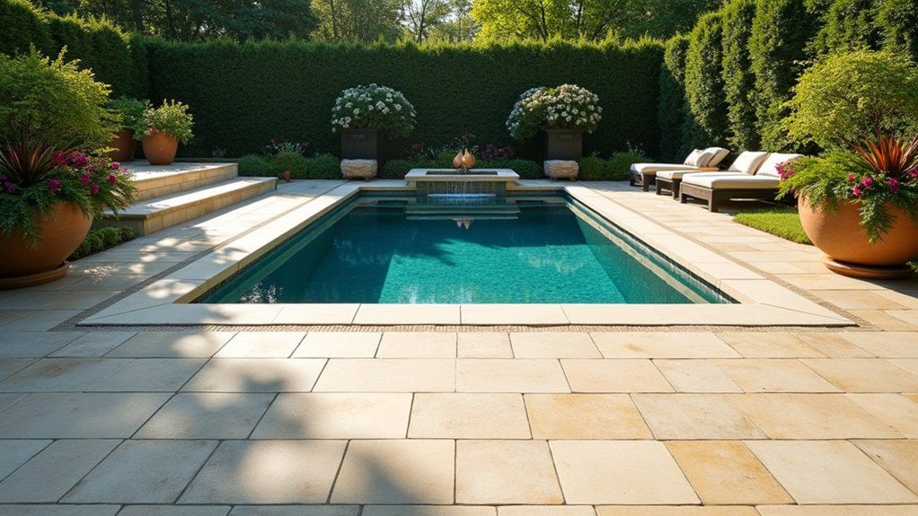 21 Elegant Pool Deck Pavers That Add Texture and Style serene warm poolside elegance