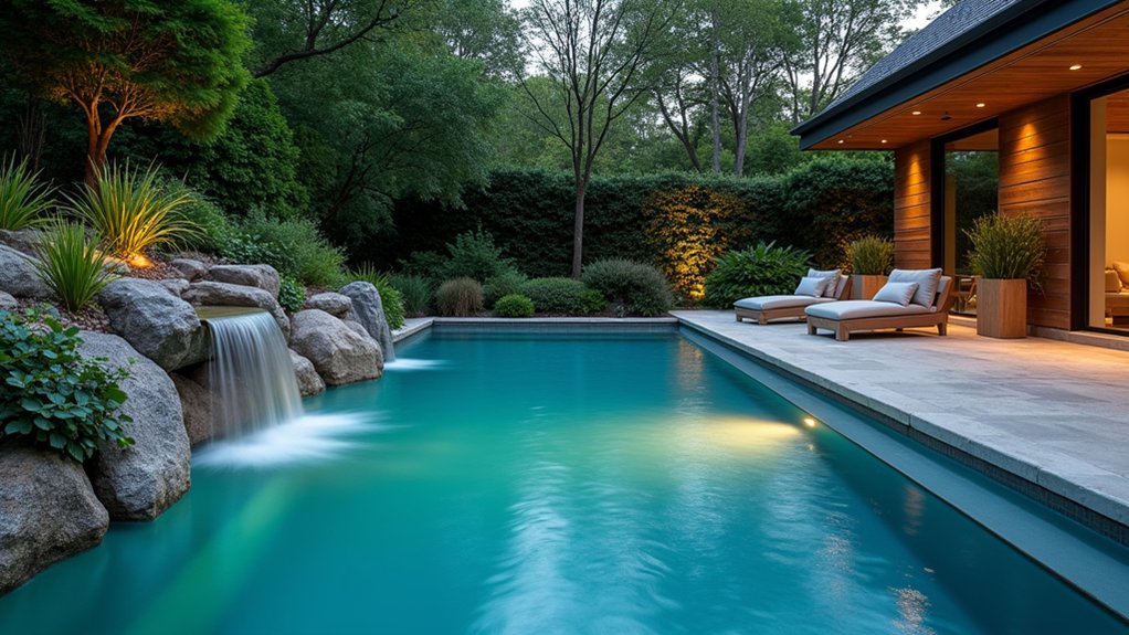 23 Functional Fiberglass Pool Landscape Ideas That Complement the Shape serene water feature oasis