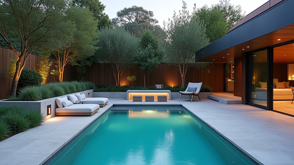 23 Modern Pool Landscaping Ideas That Redefine Backyard Design sleek built in seating elegance