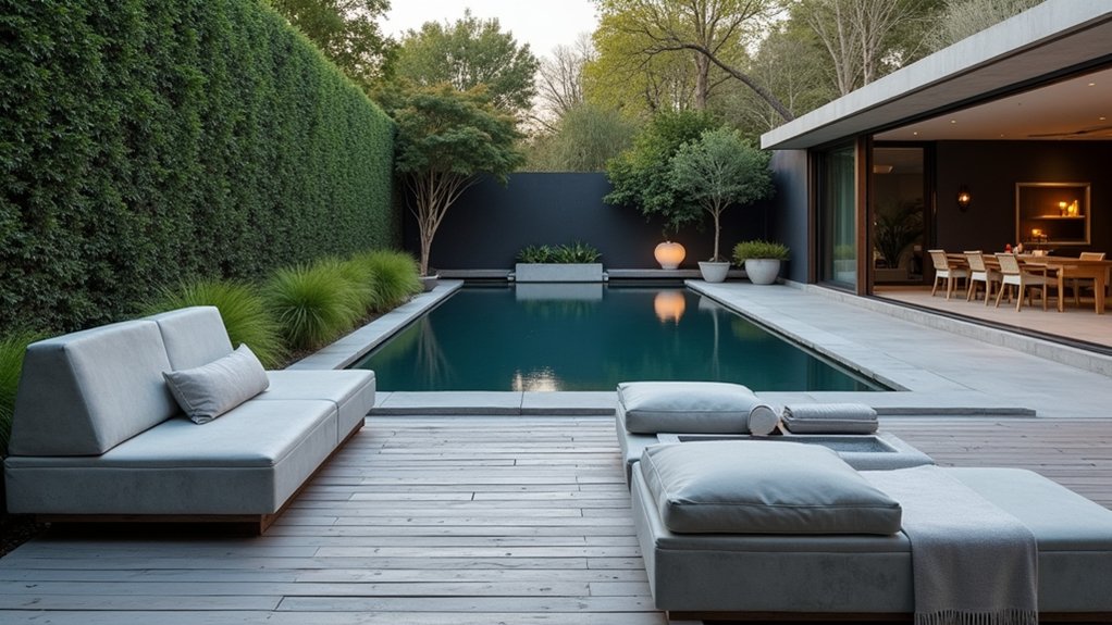 23 Cozy Pool Deck Decorating Ideas With Seating Areas for Relaxation sleek concrete benches elegance