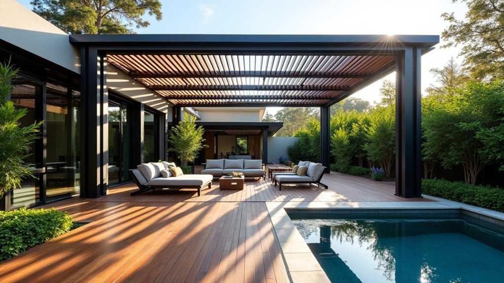 17 Elegant Pool Deck Pergola Designs That Add Structure and Shade sleek contemporary metal pergola
