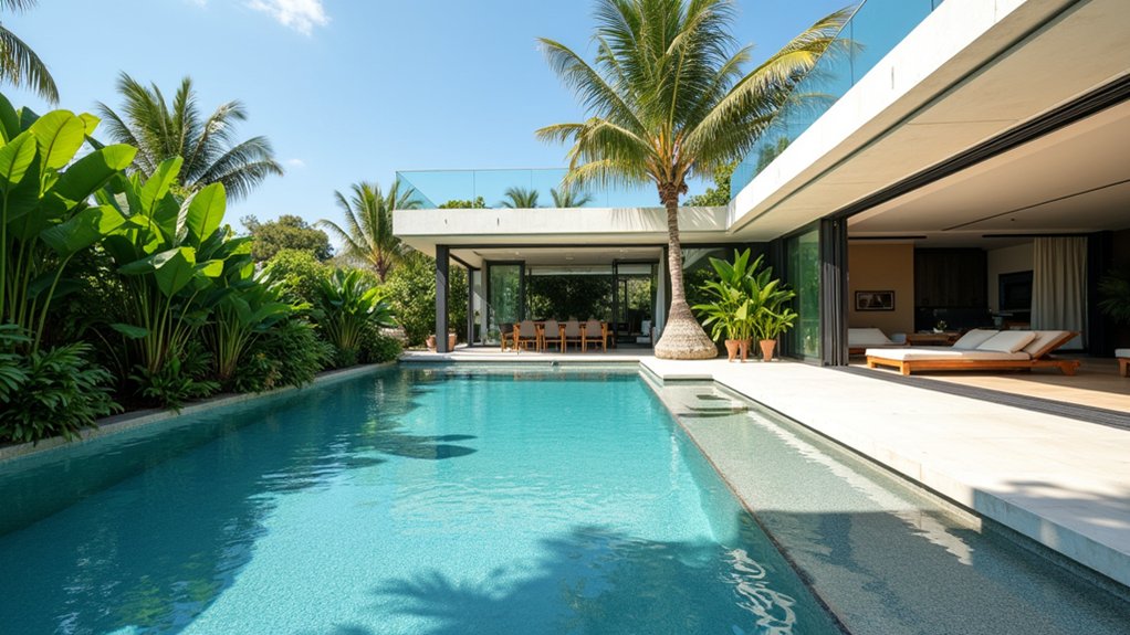 15 Pool Ideas With Tanning Ledge Spaces to Soak up the Sun sleek geometric pool sanctuary