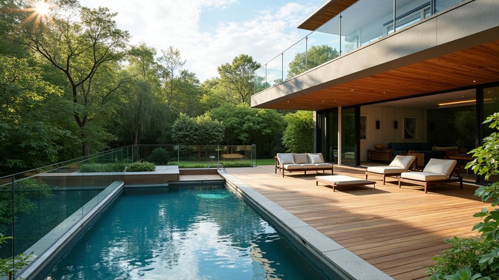 21 Smart Above Ground Pool Deck Ideas Attached to House Designs That Flow sleek glass railing elegance
