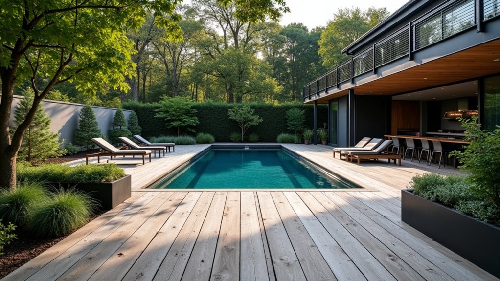19 Cool Above Ground Pool Half Deck Ideas for Budget-Friendly Builds sleek industrial deck design