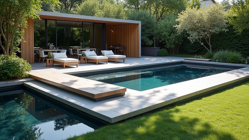 19 Cool Above Ground Pool Half Deck Ideas for Budget-Friendly Builds sleek metal poolside elegance