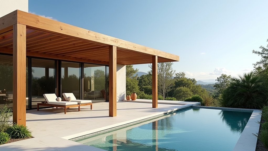 17 Elegant Pool Deck Pergola Designs That Add Structure and Shade sleek minimalist pergola design