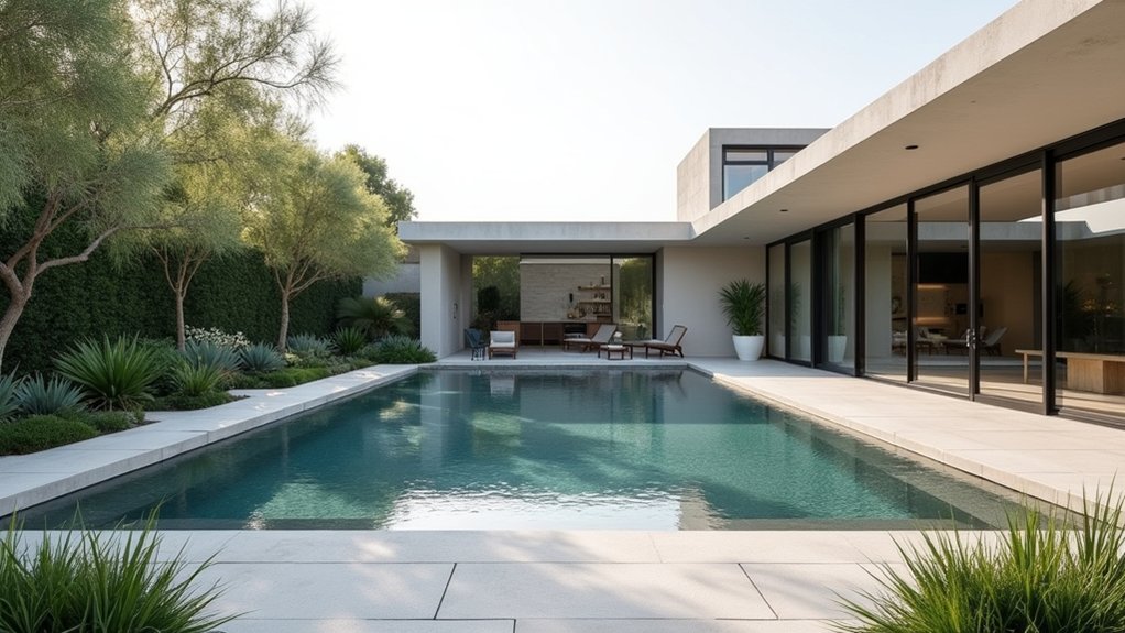 18 Sleek Pool Landscaping With Deck Ideas That Add Seamless Style sleek minimalist poolside design