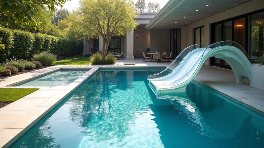 20 Pool Ideas With Slide Additions for Family Fun sleek modern glass slide