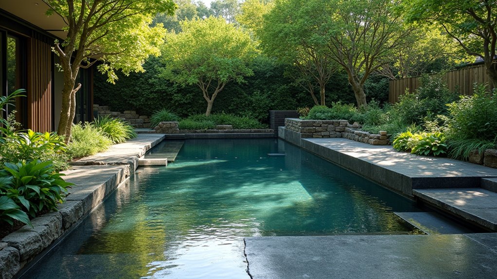 23 Natural Pool Landscaping With Rocks for Earthy, Organic Style sleek slate slabs sanctuary