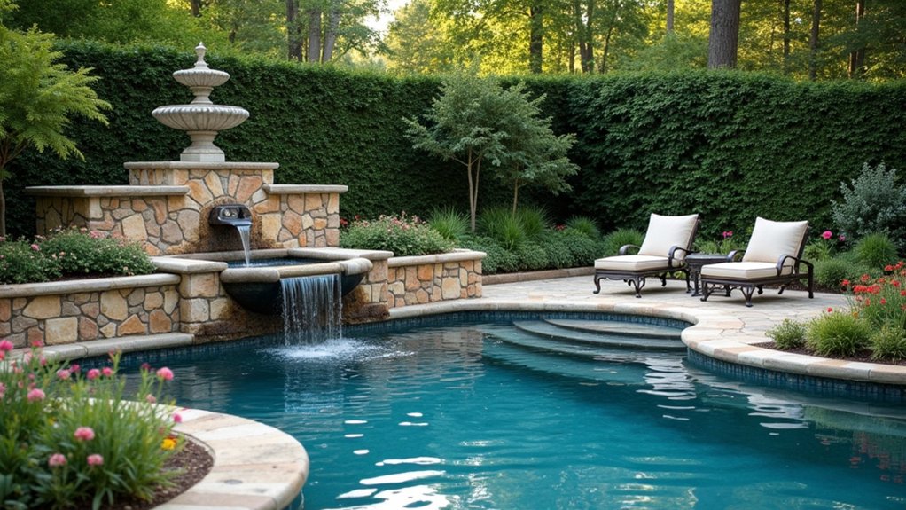 18 Beautiful Pool Landscaping Ideas to Refresh Your Outdoor Space soothing poolside fountain serenity