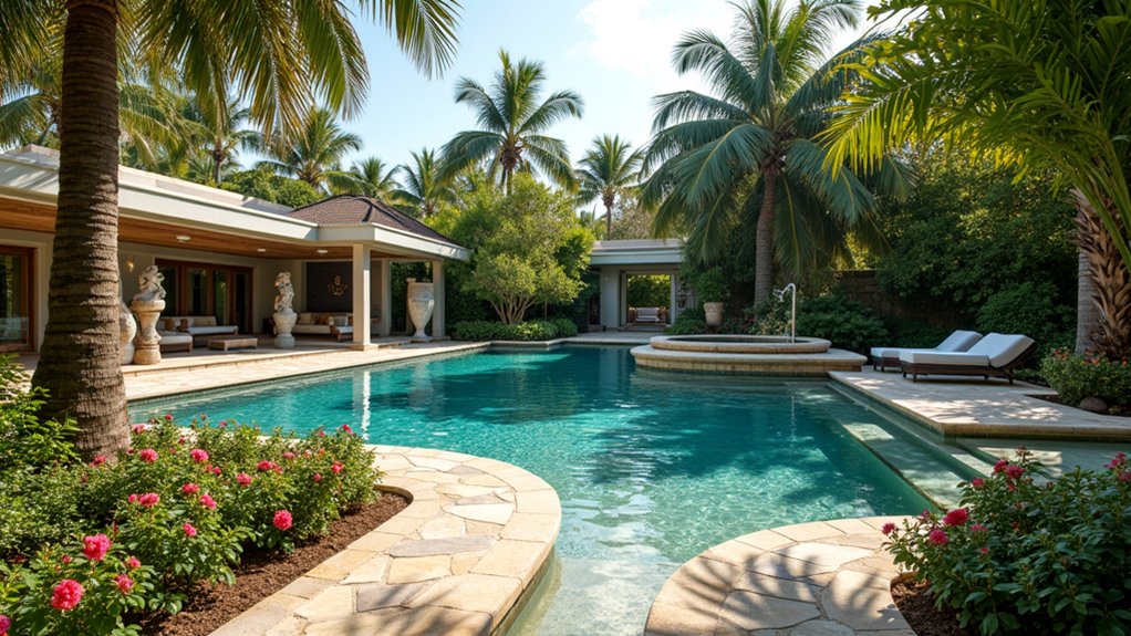 15 Lavish Luxury Pool Landscaping Ideas for a Resort-Level Experience sophisticated outdoor artistic enhancements
