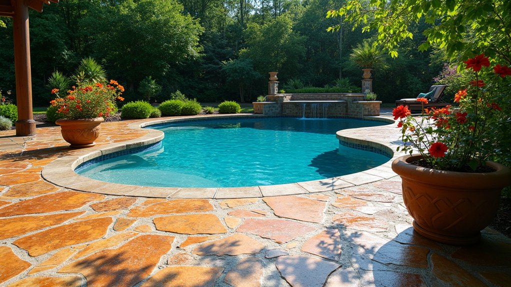 21 Creative Cheap Pool Deck Ideas That Still Shine stamped concrete pool transformation