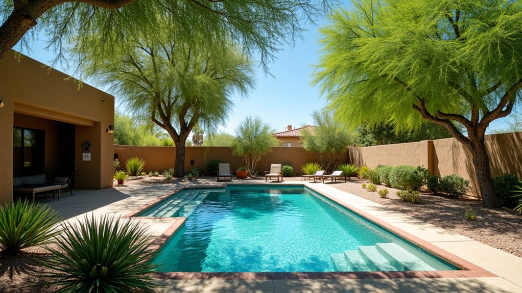 15 Drought-Smart Arizona Pool Landscaping Ideas That Still Shine strategic shade tree planting