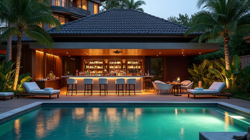 19 Functional Pool Deck Furniture Layout Designs That Maximize Comfort stylish integrated poolside bar