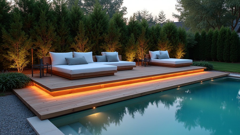 19 Cool Above Ground Pool Half Deck Ideas for Budget-Friendly Builds stylish modular deck seating