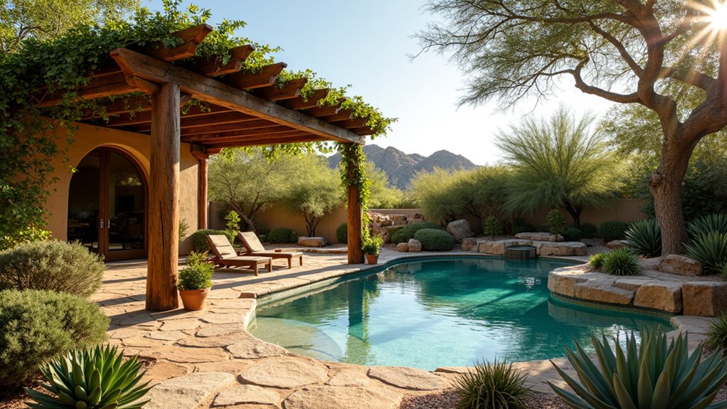 15 Striking Desert Pool Landscaping Ideas That Thrive in the Heat stylish shaded outdoor oasis