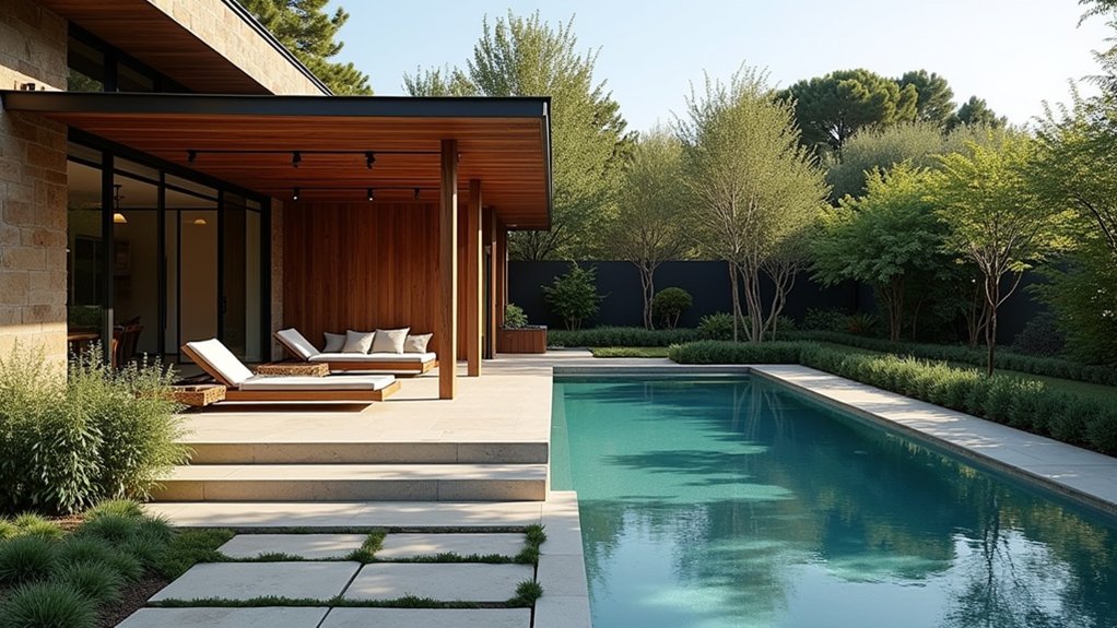 18 Sleek Pool Landscaping With Deck Ideas That Add Seamless Style stylish shaded poolside retreat