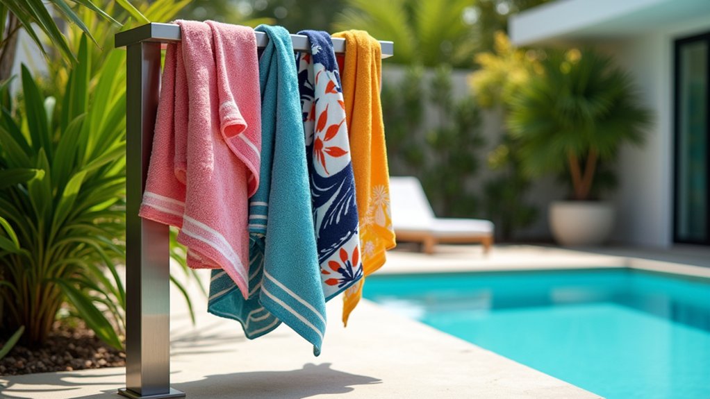 19 Fun Pool Deck Decorating Ideas to Add Personality to Your Space stylish towels and holders