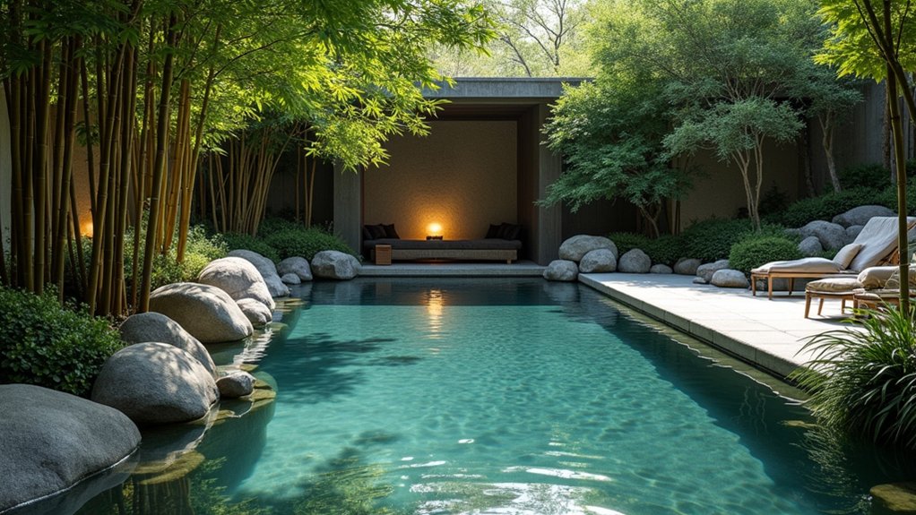 20 Peaceful Zen Pool Landscaping Ideas to Create Calm Outdoors subtle underwater lighting installation
