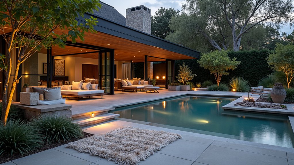 23 Modern Pool Landscaping Ideas That Redefine Backyard Design sunken lounge for relaxation