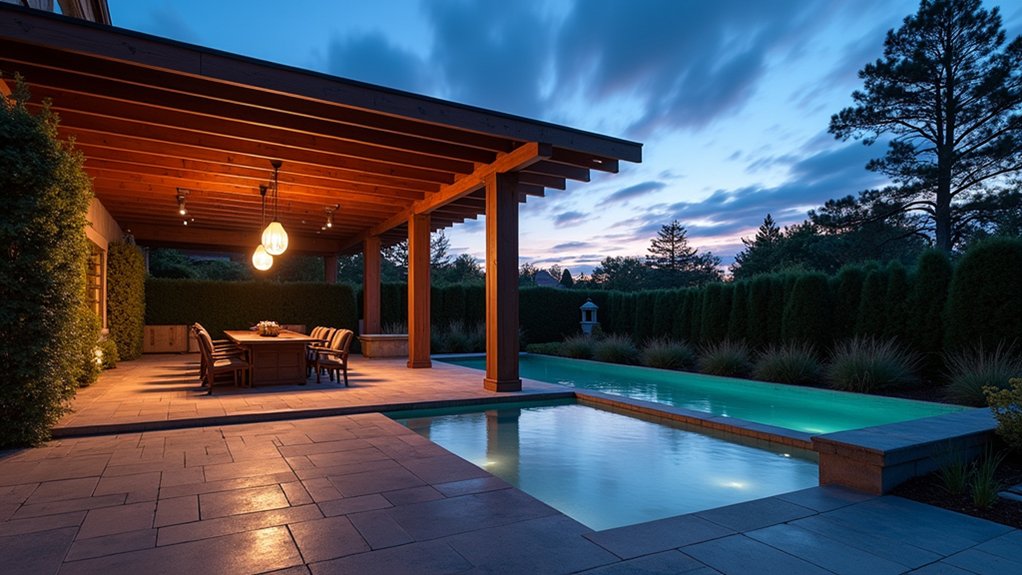 17 Elegant Pool Deck Pergola Designs That Add Structure and Shade suspended lighting for ambiance