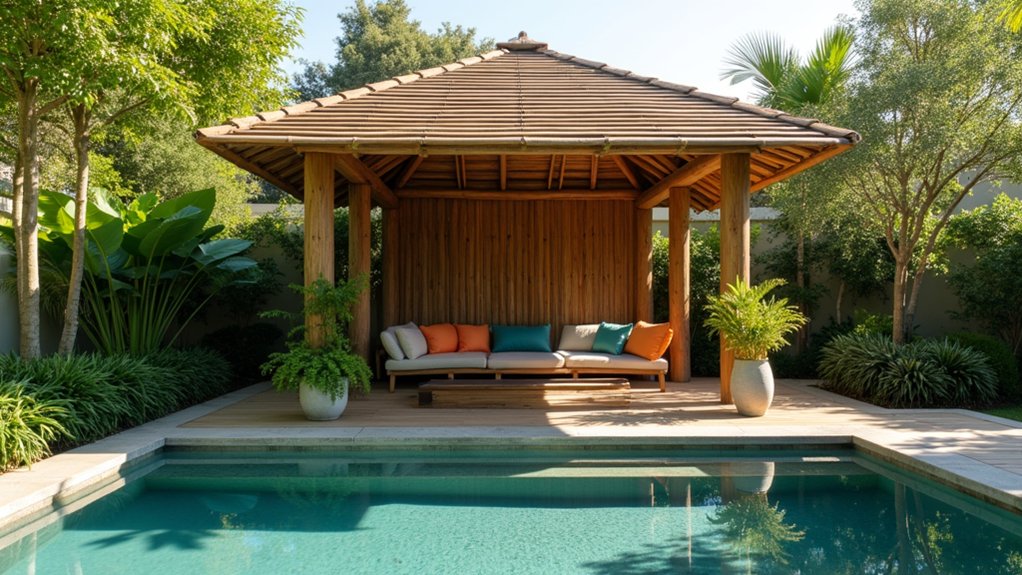 19 Airy Pool Deck Gazebo Ideas That Invite You to Lounge sustainable bamboo poolside elegance