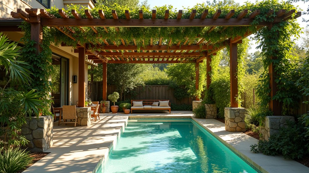 17 Elegant Pool Deck Pergola Designs That Add Structure and Shade sustainable poolside pergola design