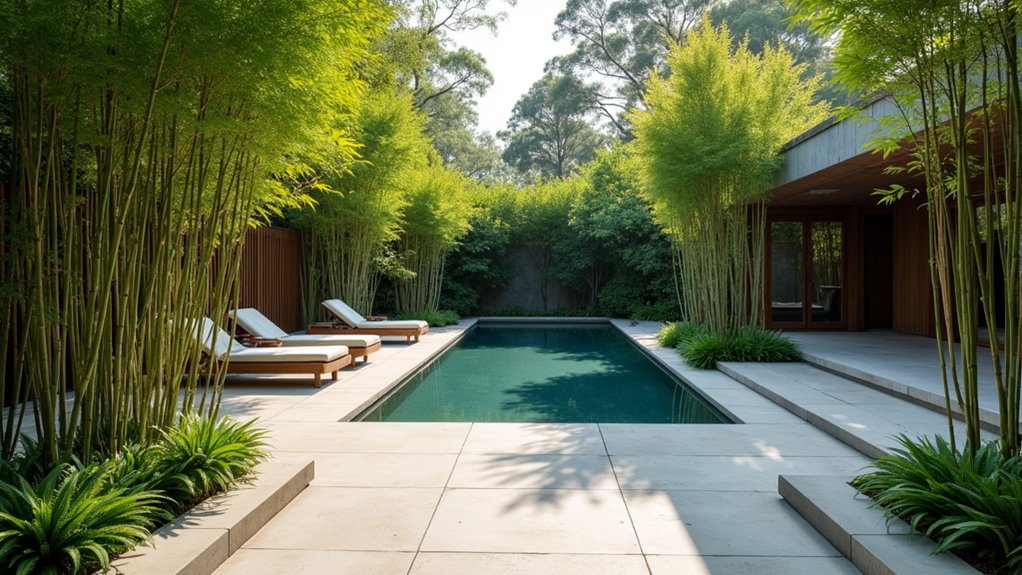 23 Serene Zen Pool Deck Ideas for a Tranquil Outdoor Retreat symmetrical planting for tranquility