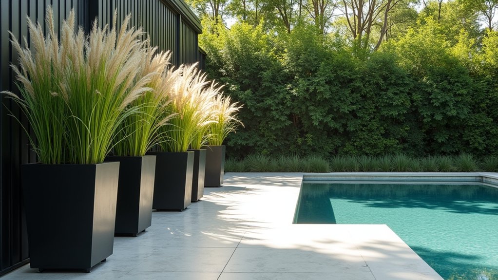 23 Smart Pool Deck Privacy Ideas That Still Feel Open tall planters ornamental grasses