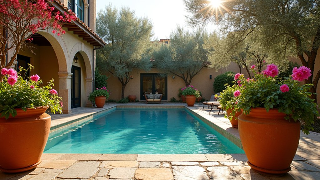 20 Elegant Mediterranean Pool Landscaping Ideas Full of Timeless Charm terracotta planters enhance tranquility