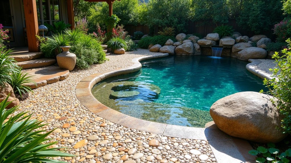 17 Natural Pool Deck Stone Ideas That Blend With the Landscape textured elegance with pebble stone