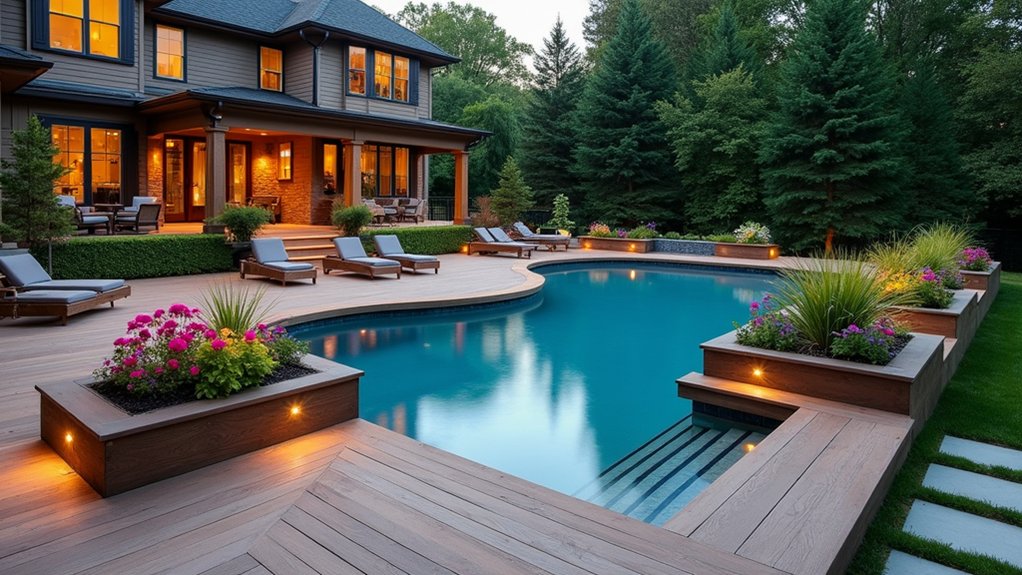 19 Cool Above Ground Pool Half Deck Ideas for Budget-Friendly Builds tiered deck with planters