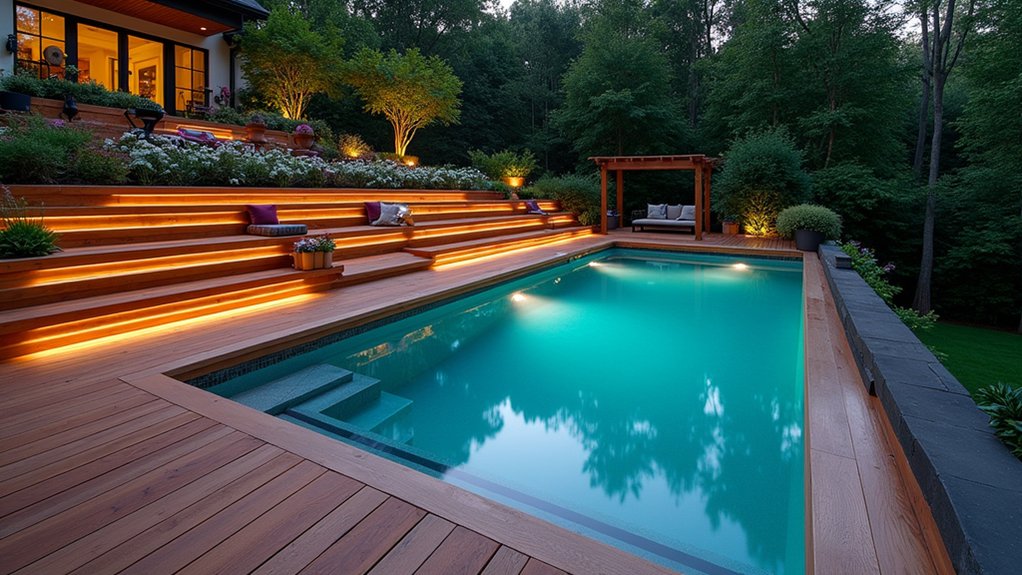17 Bold Above Ground Pool Deck Multi Level Designs That Add Dimension tiered deck with seating