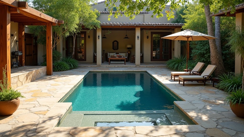 15 Pool Ideas With Tanning Ledge Spaces to Soak up the Sun timber serenity and relaxation