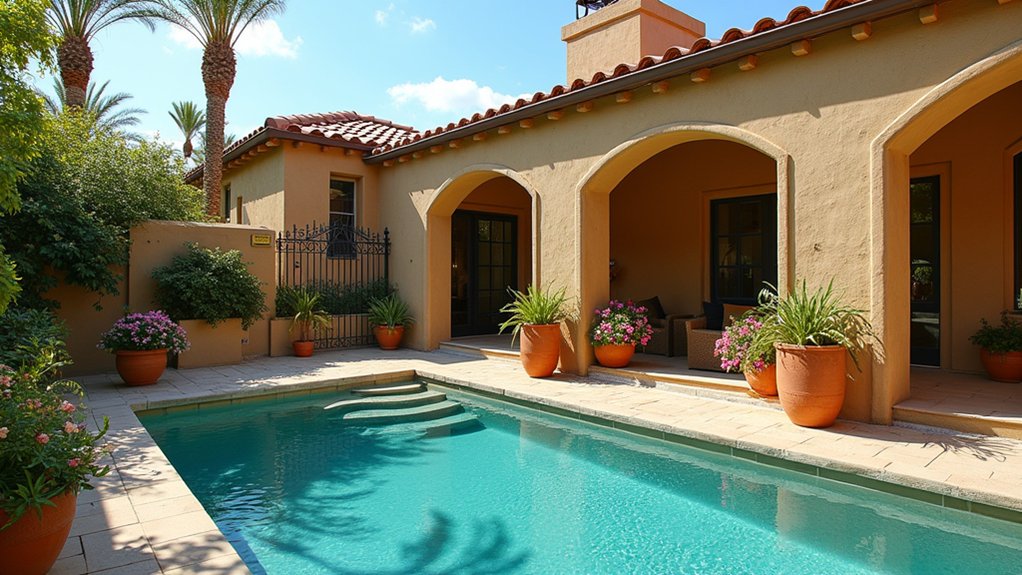 23 Stylish Pool Landscaping With Fence Ideas That Feel Secure and Chic timeless mediterranean stucco elegance