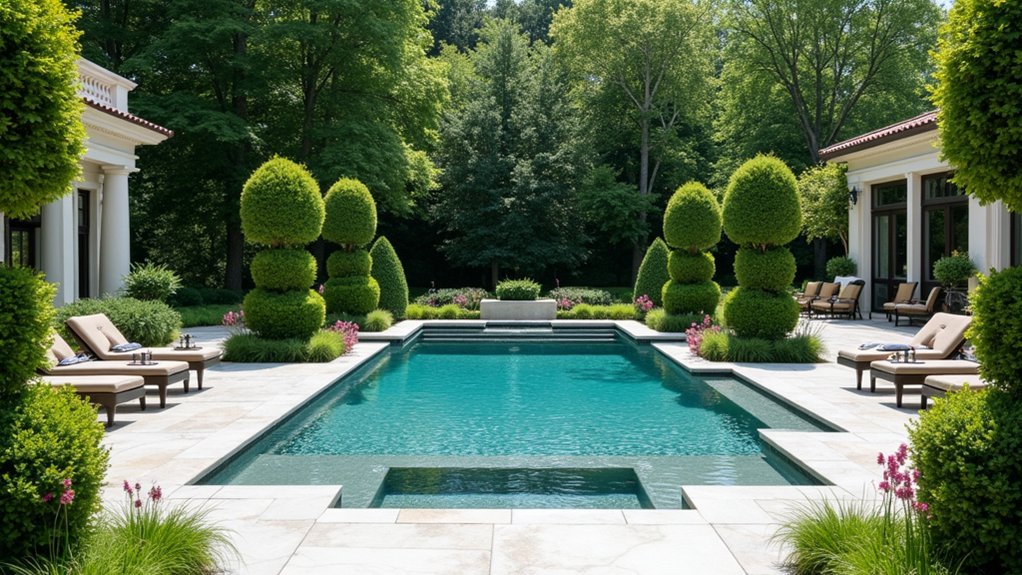 15 Stunning Pool Landscaping Backyard Looks You’ll Want to Copy timeless topiary pool elegance