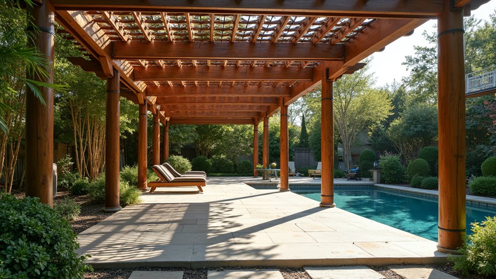 17 Elegant Pool Deck Pergola Designs That Add Structure and Shade tranquil asian inspired pergola
