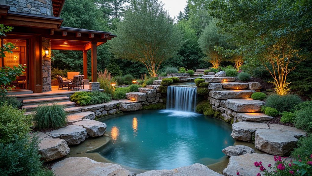 23 Cozy Rustic Pool Landscaping Ideas That Feel Warm and Inviting tranquil backyard waterfall retreat