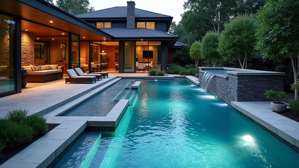 15 Sleek Lap Pool Design Ideas for Narrow Backyards tranquil integrated spa retreat