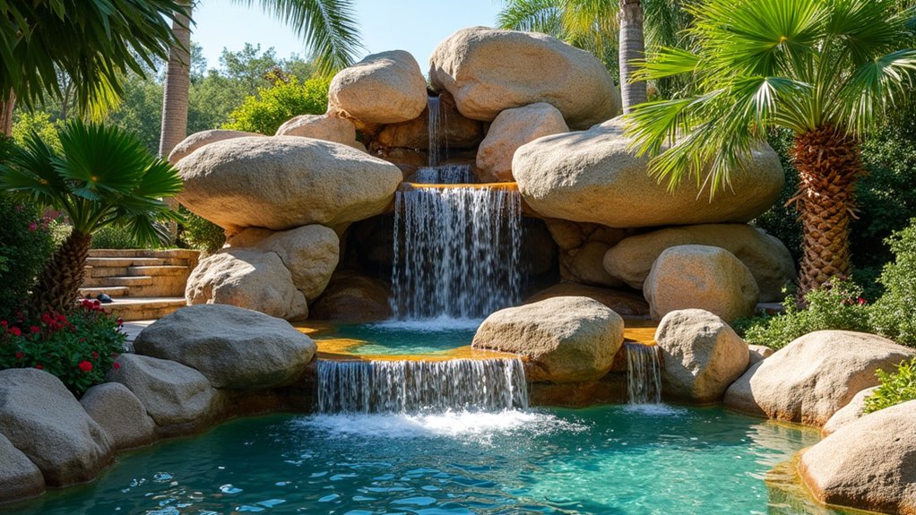15 Bold Pool Landscaping With Boulders That Make a Statement tranquil interactive water features