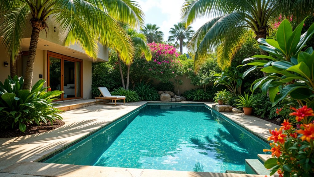 15 Pool Ideas With Tanning Ledge Spaces to Soak up the Sun tranquil lush garden oasis