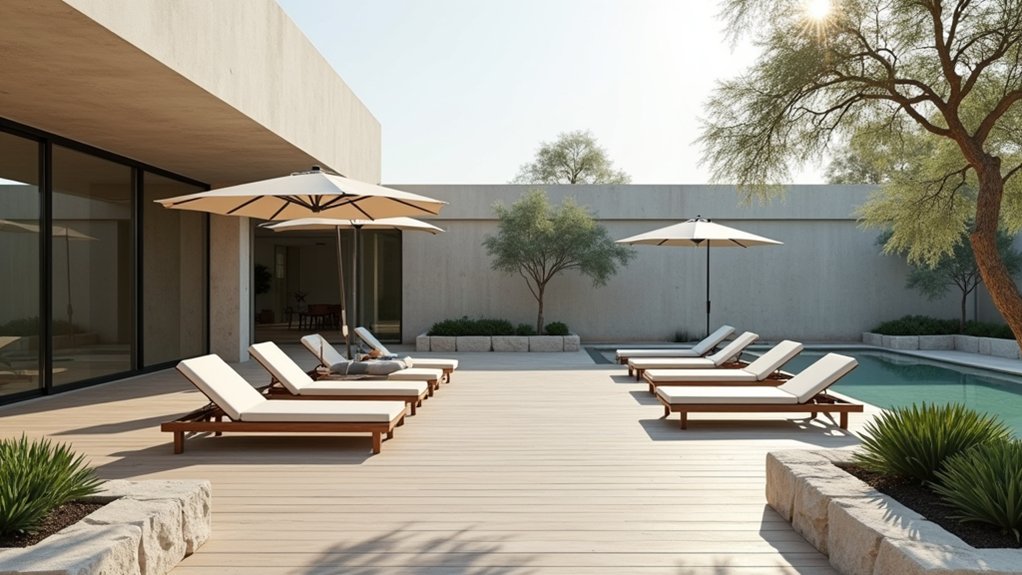 19 Functional Pool Deck Furniture Layout Designs That Maximize Comfort tranquil minimalist sunbathing space