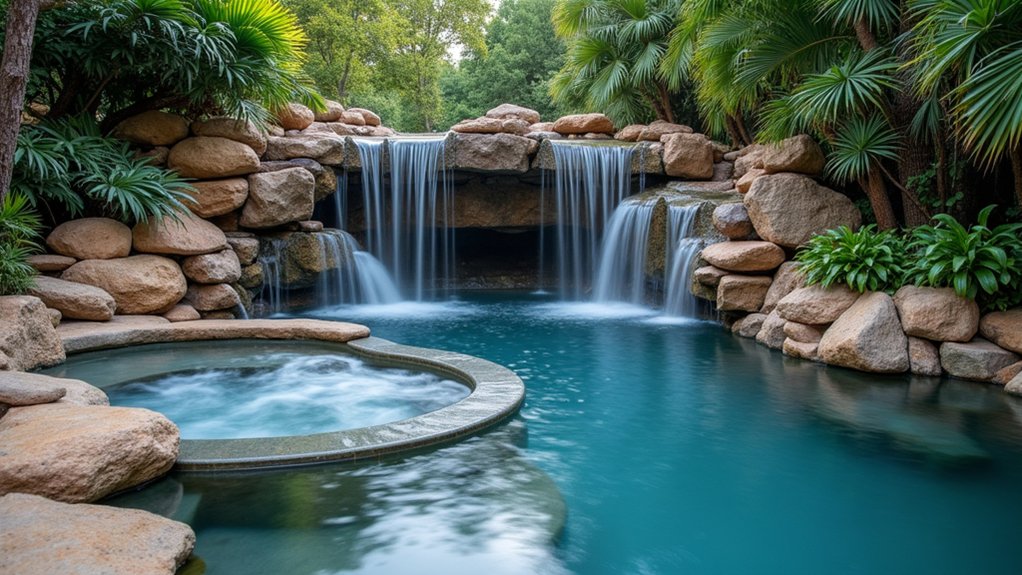 18 Pool Ideas With Hot Tub Features for Total Relaxation tranquil natural rock oasis