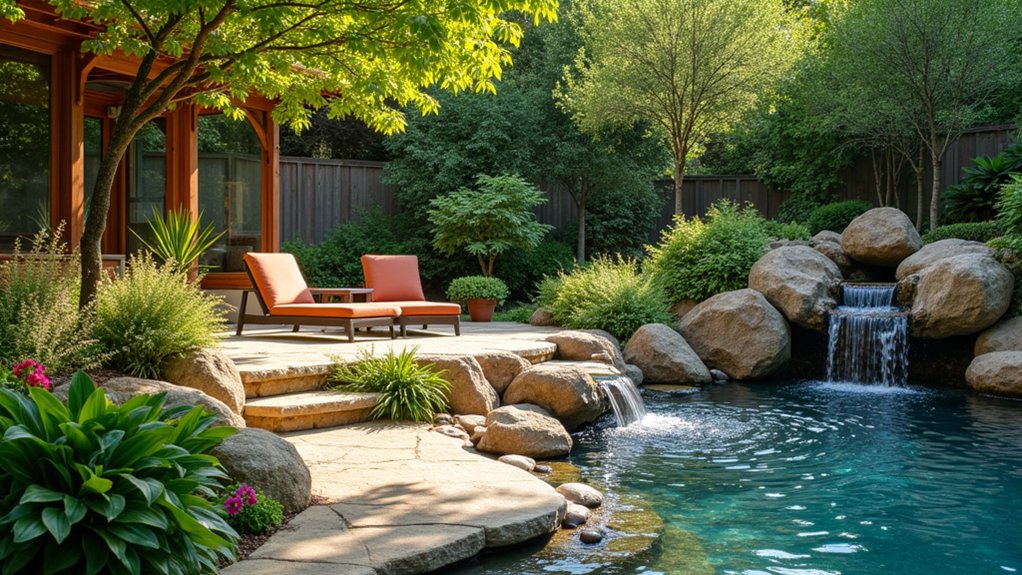 23 Cozy Rustic Pool Landscaping Ideas That Feel Warm and Inviting tranquil oasis rock garden
