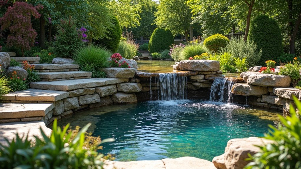 15 Captivating Pool Landscaping Waterfall Ideas That Add Movement and Sound tranquil waterfall seating oasis