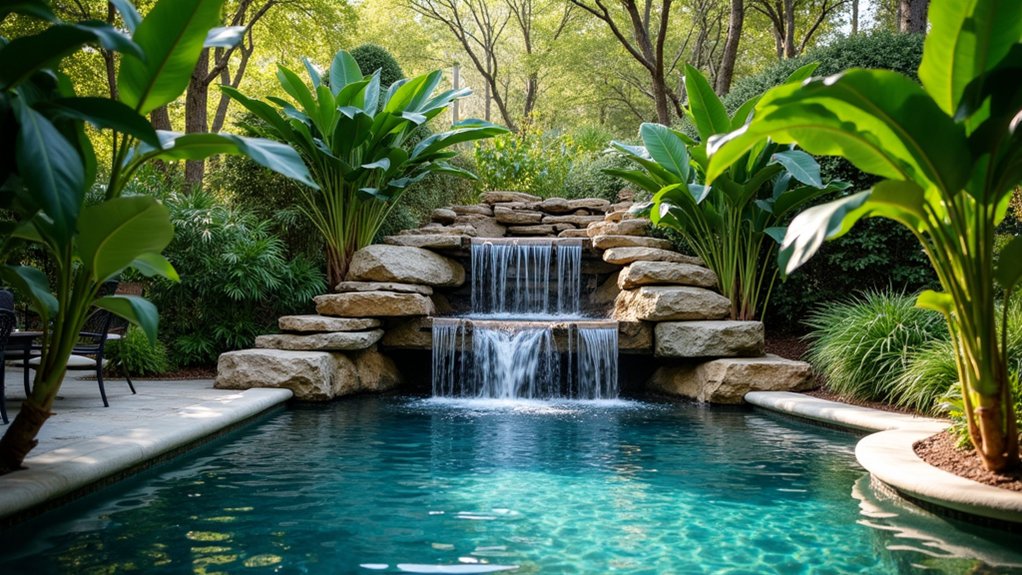 23 Dreamy Pool Ideas With Waterfall Features to Wow Guests tranquil waterfall wading pool